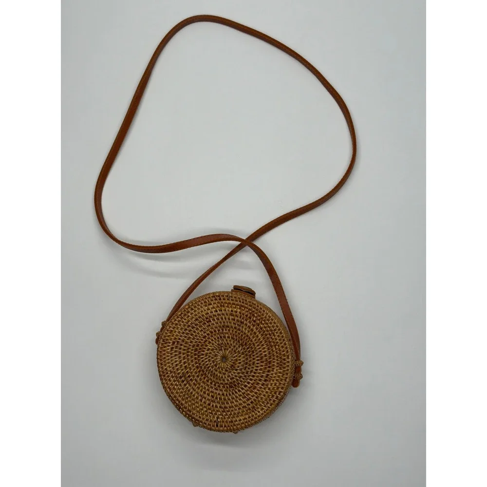 Round Woven Rattan Crossbody‎ Bag Natural Straw Circle Purse with Batik Lining